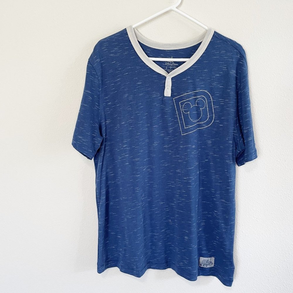 Disney Parks Henley T Shirt Mens Size M Blue Mickey Mouse Ears Short Sleeve